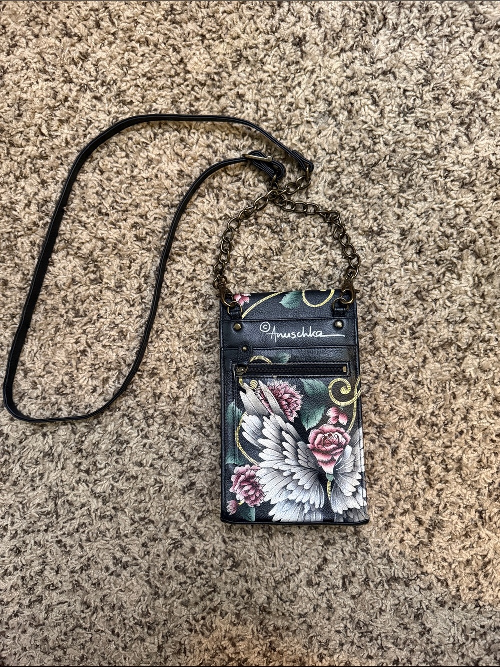 Anuschka Hand-Painted Black Crossbody with Pink Floral Guardian Angel - Picture 2 of 4